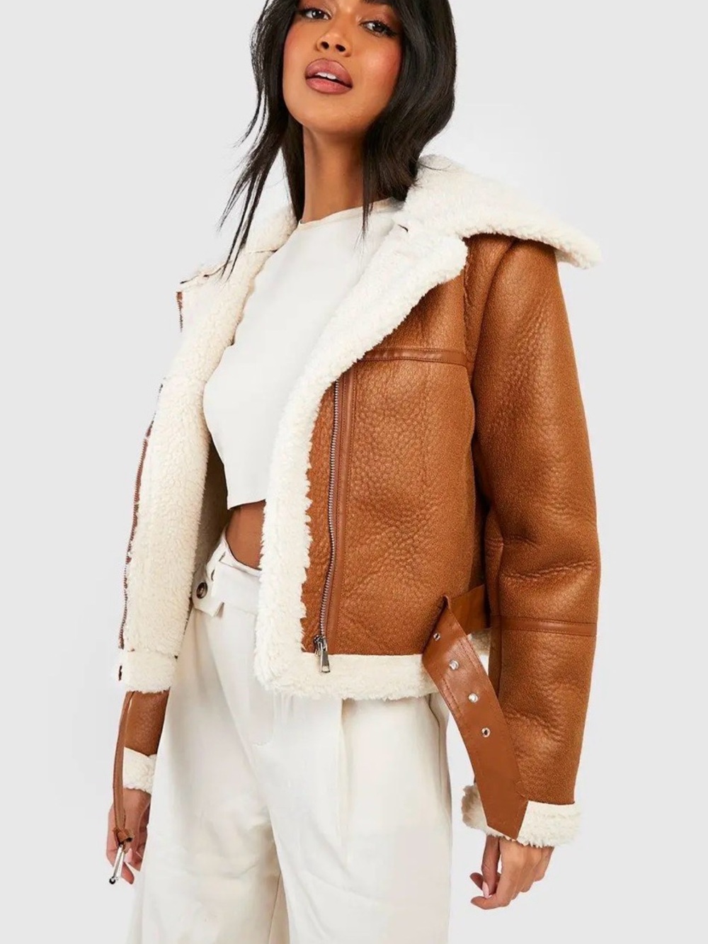Boohoo Contrast Teddy Trim Aviator Jacket